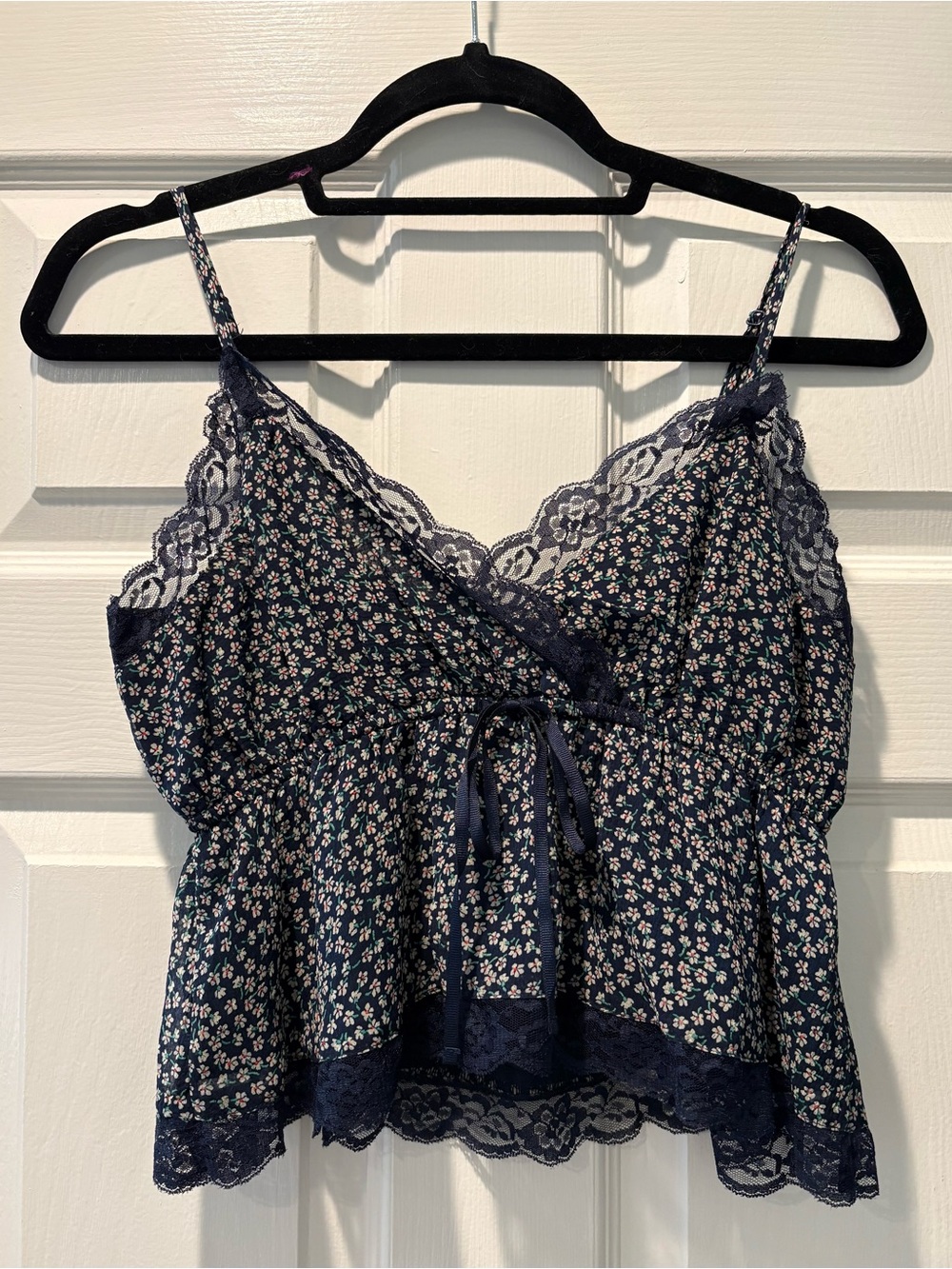 Navy Floral Lace Trim Cami Tank Top